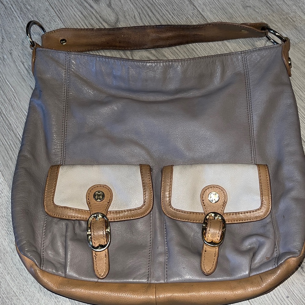 Emma Fox Two-Tone Leather Hobo Shoulder Bag with Buckle Accents